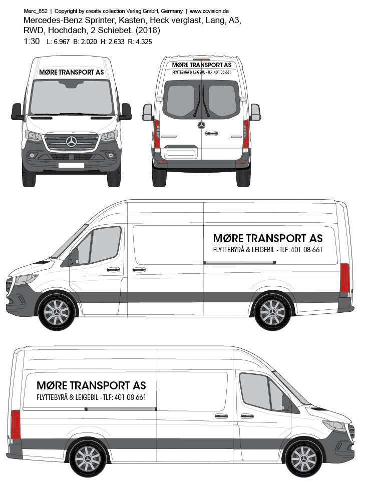 Teknisk tegning av Møre Transport AS flyttebil